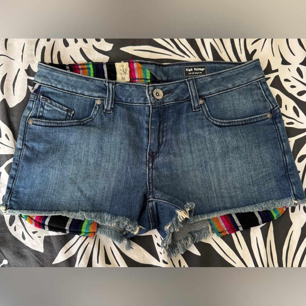 Volcom Blue Denim Jean Shorts with Frayed Hem